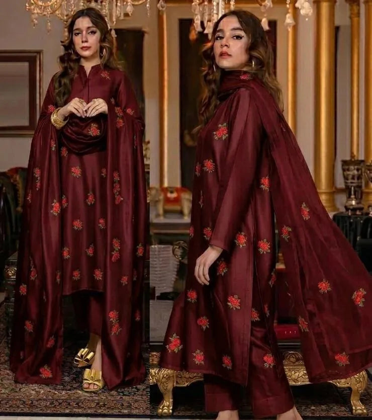 Maroon Embroidered Shamoz Silk 3Pcs Women Suit with Organza Dupatta