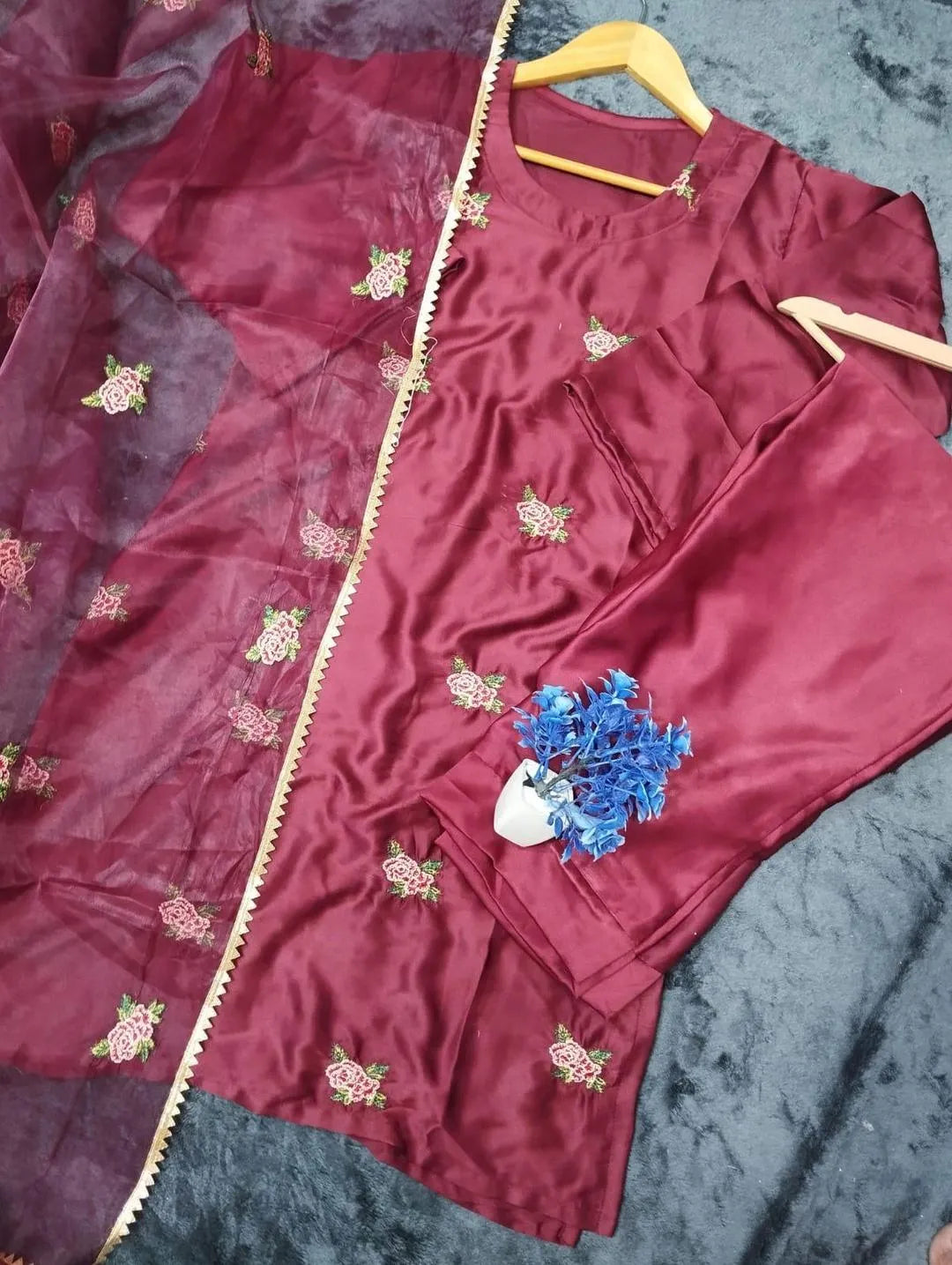 Maroon Embroidered Shamoz Silk 3Pcs Women Suit with Organza Dupatta
