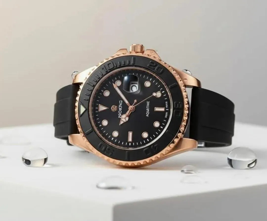 Men's Porking Quartz Watch Black Golden Silicone Strap Rotating Bezel