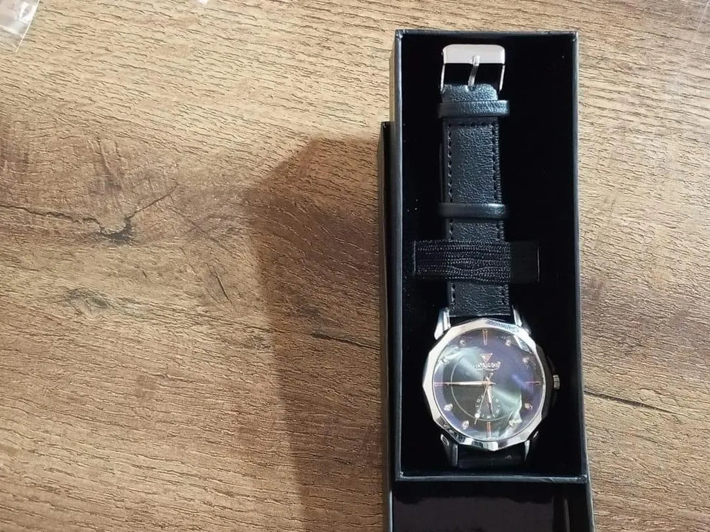 Men's Black Leather Strap Watch with Box