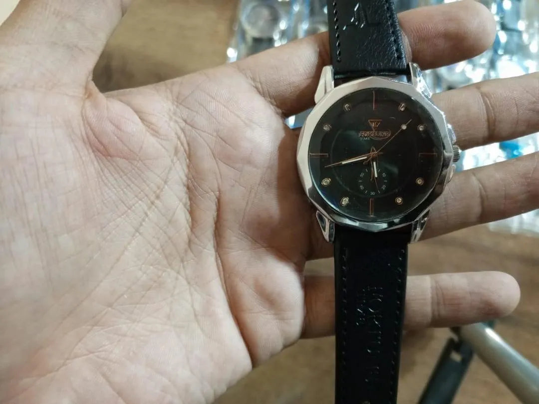 Men's Black Leather Strap Watch with Box