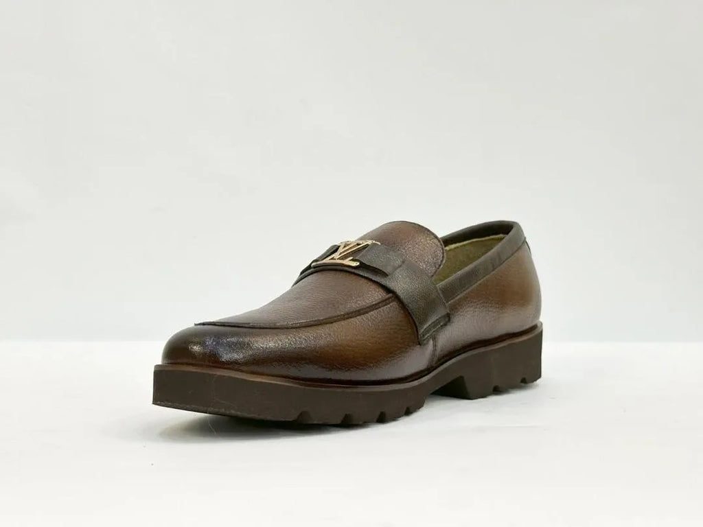 Men Brown Leather Semi-Formal Loafers with Buckle