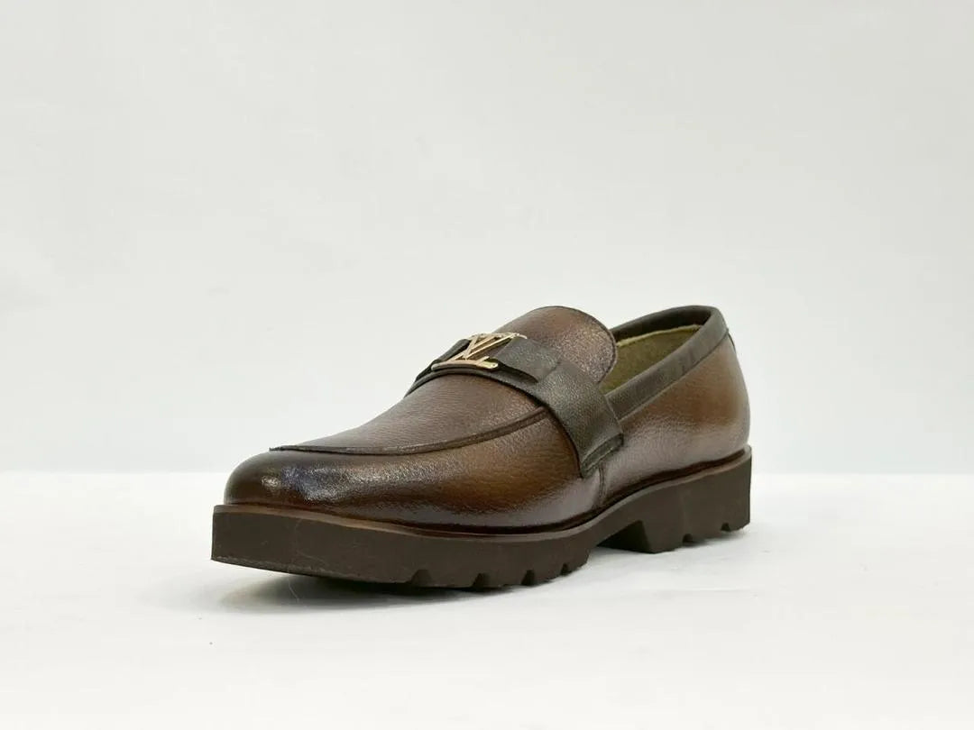 Men Brown Leather Semi-Formal Loafers with Buckle