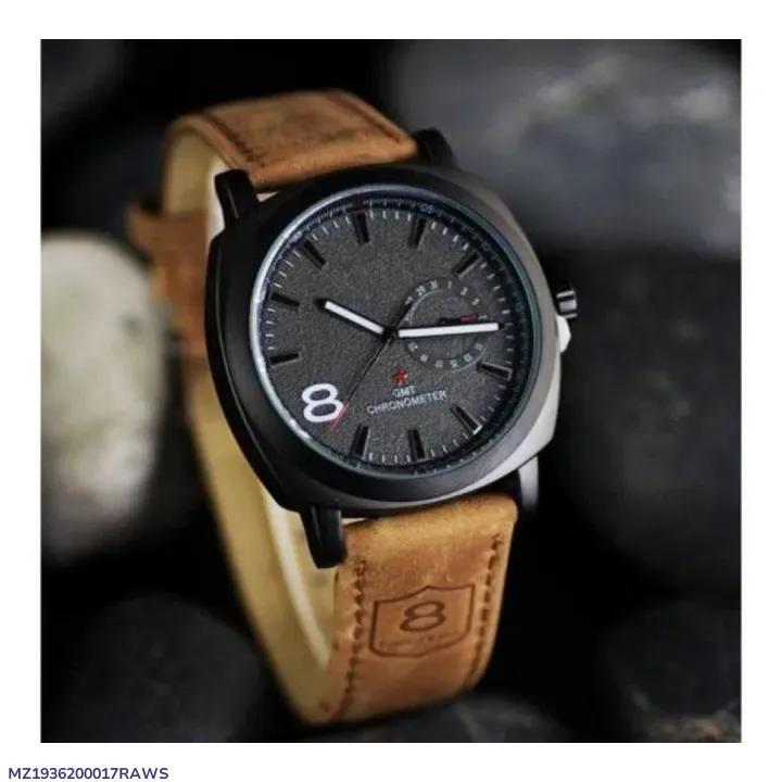 Men's Black Analog Watch with Leather Strap