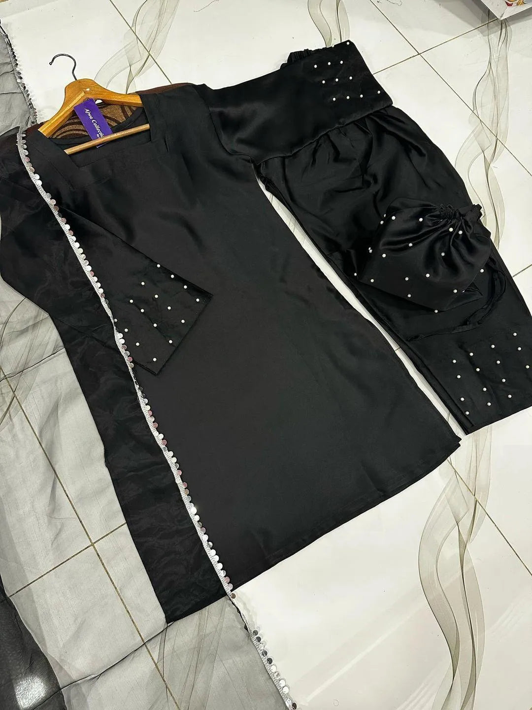3 Pcs Women's Stitched Shamoz Silk Lace Work Suit