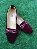 Maroon Velvet Bow Pumps Women Formal Casual