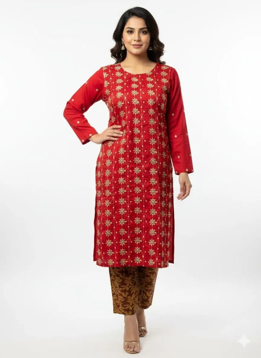 2 Pcs Women's Stitched Arabic Lawn Embroidered Shirt And Trouser