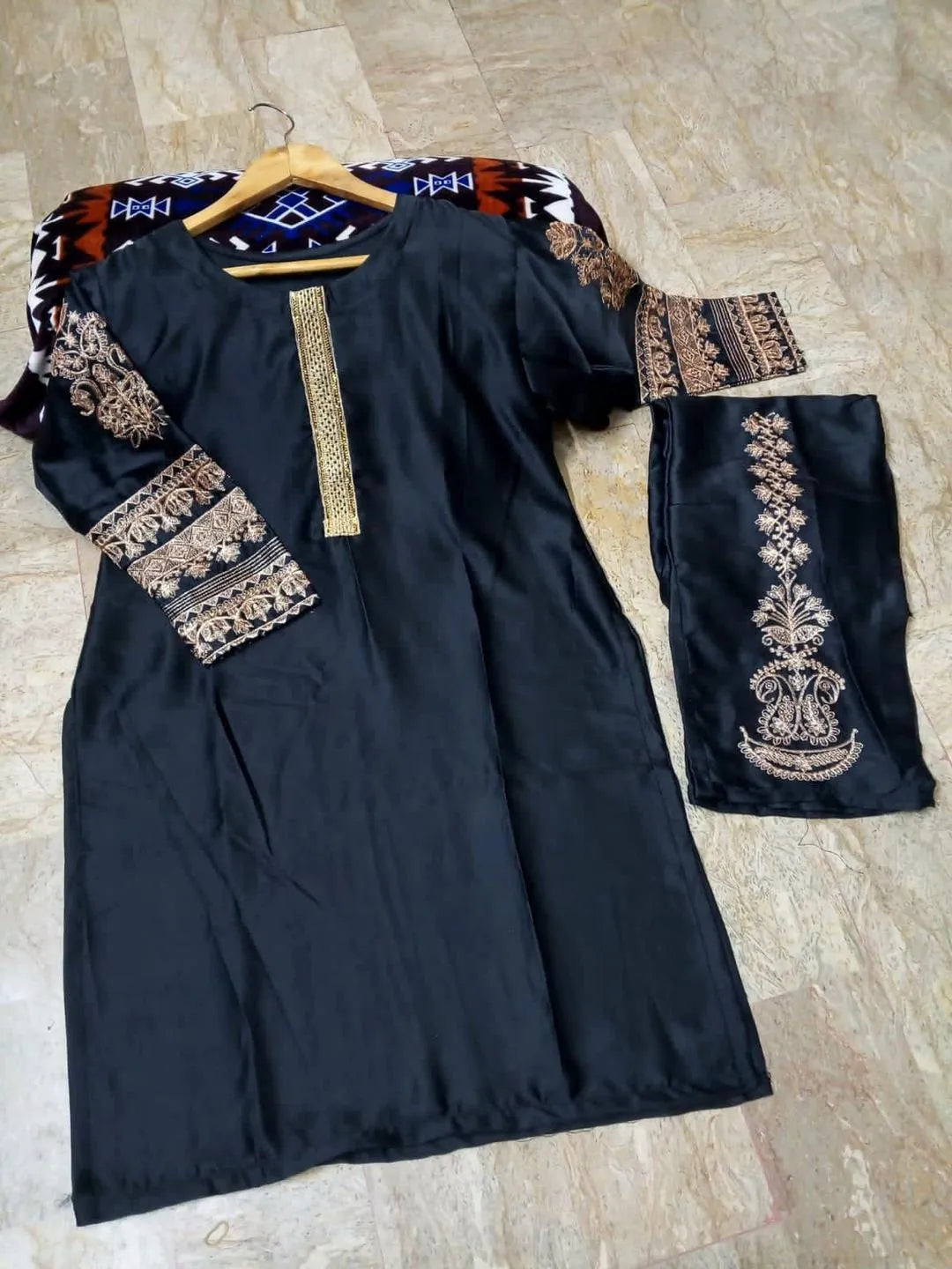 2 Pcs Women's Stitched Silk Embroidered Shirt And Trouser