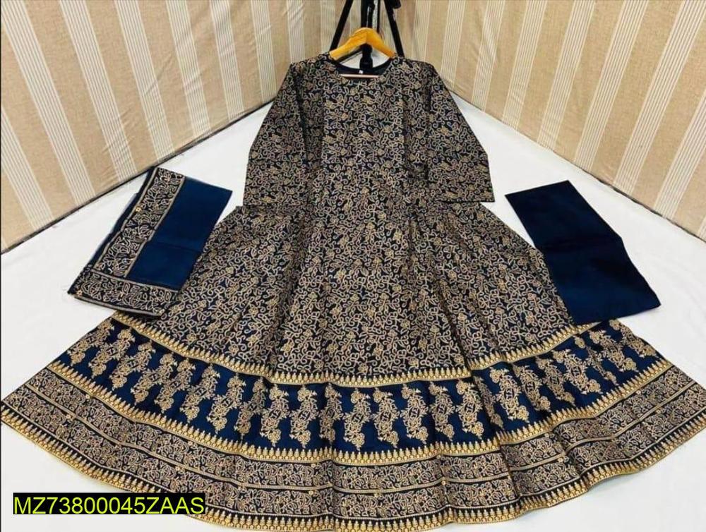 Navy Blue Katan Silk Women's 3 Pcs Eid Suit Medium