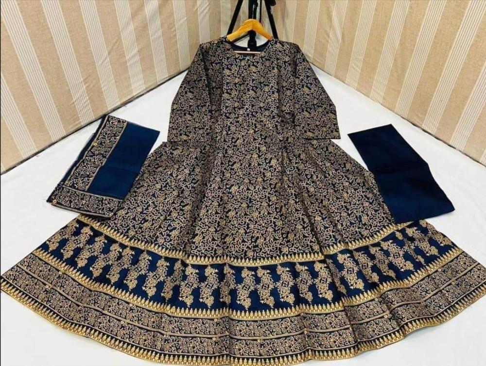 Navy Blue Katan Silk Women's 3 Pcs Eid Suit Medium
