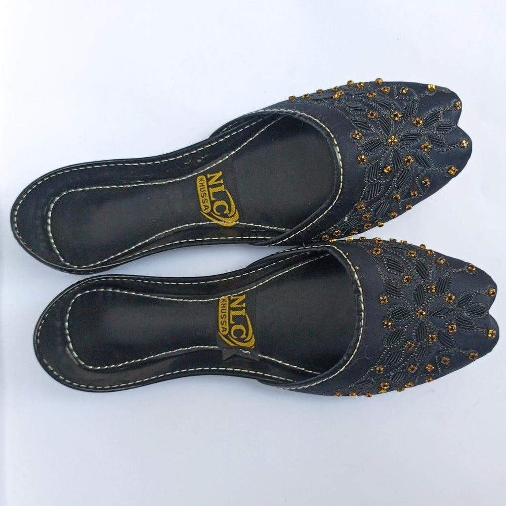 Women's Black Beaded Synthetic Khussa Shoes